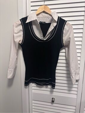 le chateau Black Knit Vest with White Trim and Attached White Shirt